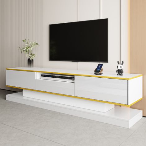 Meuble TV moderne 180 × 38 × 45 cm ，avec trois tiroirs et un compartiment ouvert，Finition brillante avec éclairage LED à couleurs changeantes，Or, blanc