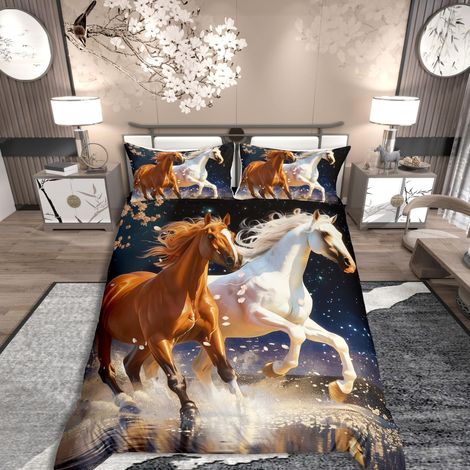 Parure de lit 2 pièces avec housse de couette 135 x 200 cm, motif cheval au galop, motifs de cheval, galaxie, étoiles, fleurs de cerisier, marron et blanc pour chambre à coucher (1/5)