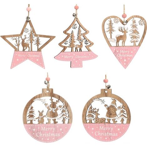 Set mit 5 hängenden Holz-Weihnachtsornamenten, ausgeschnittene Holz-Anhänger, rustikale rosa Weihnachtsbaum-Dekorationen
