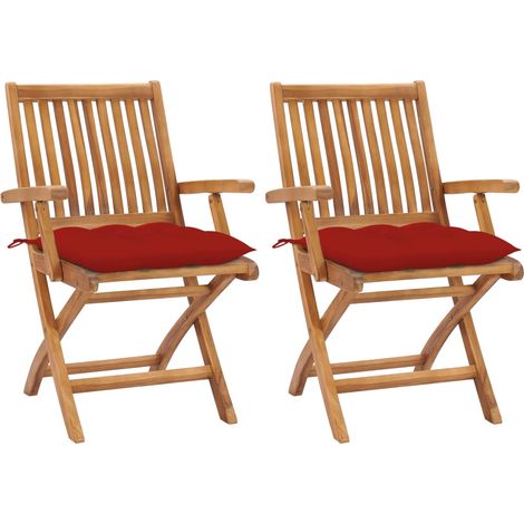 Chaises de jardin lot de 2 et coussins rouge Bois teck massif (1/5)