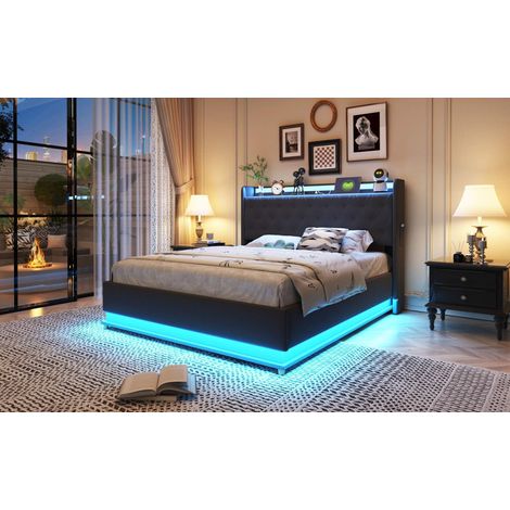 Lit coffre 140x200 cm, LED multicolore, port USB, rangement hydraulique, sommier métal, tissu effet lin gris, sans matelas (1/5)