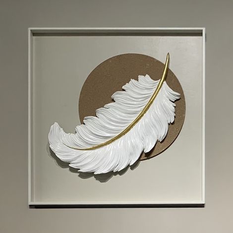 TIYA Tableau peinture à l'huile beige plume en relief cadre en aluminium - 50x50 cm (1/4)