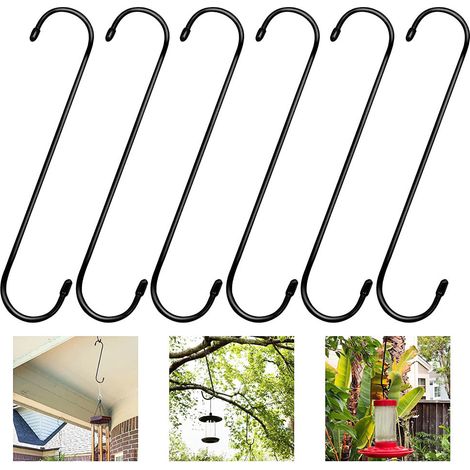 Lot de 6 crochets en S extra longs de 25 cm en forme de S - Crochets robustes noirs pour suspendre des plantes, des armoires, des fleurs, des paniers, des patios
