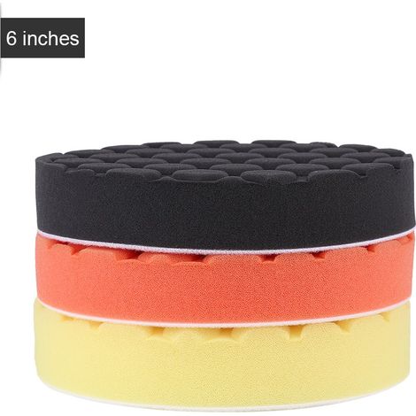 Kit 3 disques éponge 150mm pour polisseuse auto : pads lustrage, polissage et cirage, orange noir jaune (1/5)