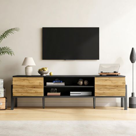 Meuble TV 175x39.5x53 cm, Banc TV pour Salon Support Téléviseur jusqu'à 70 Pouces, en Bois Moderne avec 2 Portes et Compartiments Ouverts, Noir (1/5)