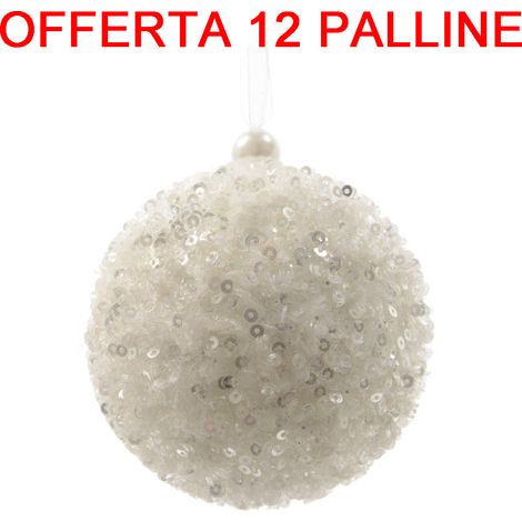 OFFERTA 12 PALLINE DI NATALE 8CM CON PERLINE BIANCO INVERNO