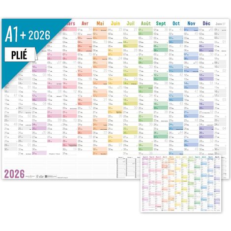 Calendrier mural XXL 2026 A1+ de papier en français (63 x 89 cm) plié "Rainbow" + agenda annuel A4 gratuit, avec jours fériés de la France - durable & respectueux du climat (1/5)