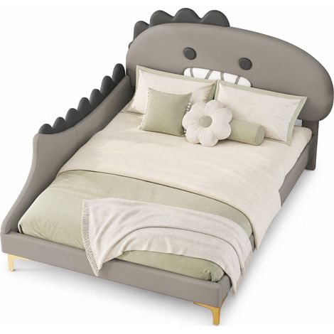 Lit enfant 140x200 cm en PU gris, tête de lit dinosaure cartoon, sommier à lattes, design ludique pour chambre moderne et facile à assortir – CHICFURN (1/5)