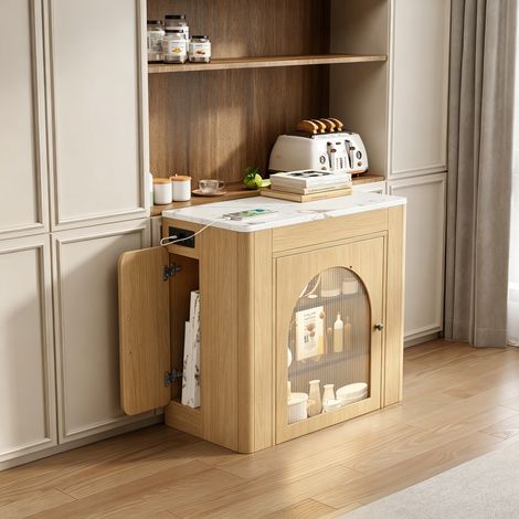 Îlot de cuisine roulant extensible, plateau amovible pratique, prises électriques, pour cuisine ou salle à manger, naturel, plan de travail modulable et rangement polyvalent (1/5)