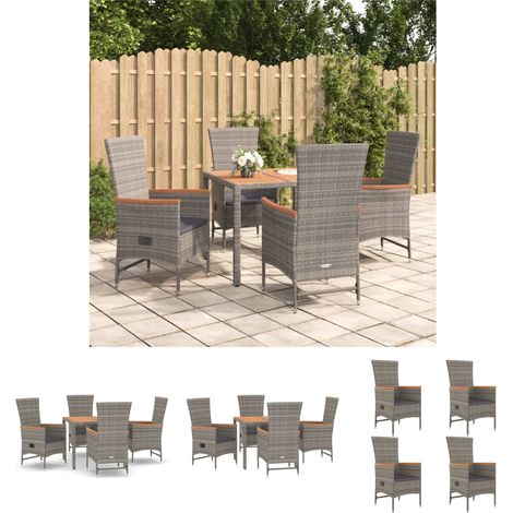 Liegestuhl - vidaXL 5-tlg. Garten-Essgruppe mit Kissen Grau Poly Rattan - Gartenmöbel (1/5)