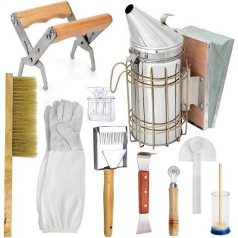 Imkerwerkzeug-Set aus Edelstahl: Räucherofen, Bürste, Handschuhe, Schaber, Honigmesser, Clip. Komplettes Set für Imkeranfänger.