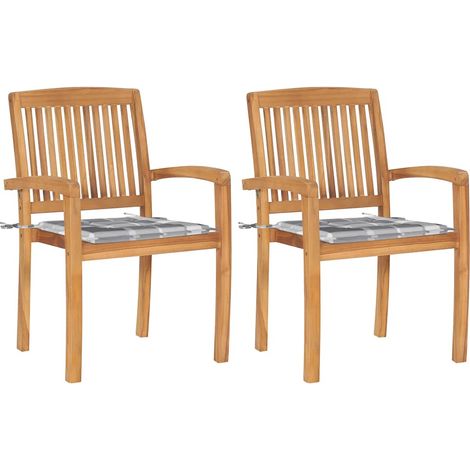 vidaXL Sillas de jardín 2 uds madera de teca y cojines a cuadros gris (1/4)