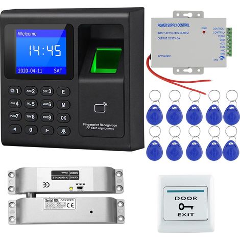 Systèmes de sécurité avec empreintes digitales - Machine de présence pour entreprise avec interrupteur de porte, alimentation, 10 porte-clés ID 125 kHz, serrure à boulon électrique (1/5)