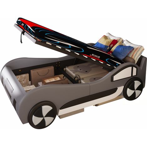 Letto Singolo per Bambini Auto 90 x 200 cm in PU e MDF con Vano Idraulico, senza Materasso, Grigio (1/5)