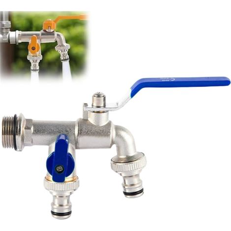 Robinet de jardin universel en acier inoxydable à double sortie, distributeur de tuyau de 1,27 cm, 1,9 cm, kit de robinet extérieur en laiton à double sortie pour jardin, maison et industrie (bleu, 3 (1/5)