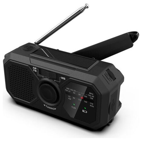 Radio solaire de survie AM/FM avec manivelle – Batterie 1200mAh – USB-C – Lampe de poche LED – Alarme SOS – Antenne télescopique 30cm