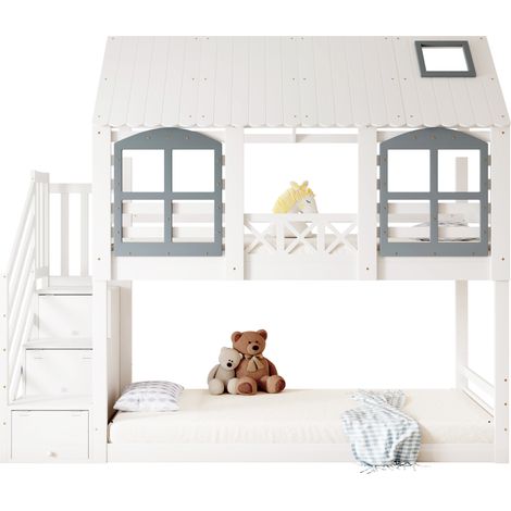 CHICFURN Letto a castello per bambini 90x200 cm in pino e MDF bianco grigio con scala contenitore (1/5)