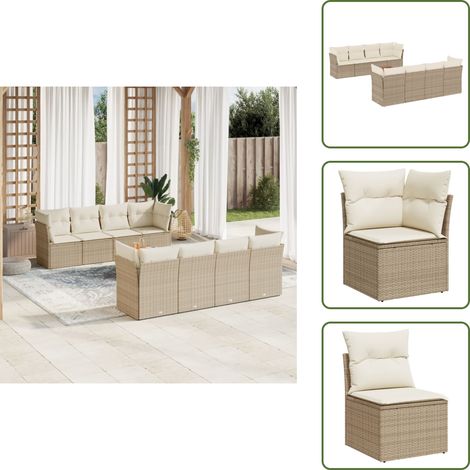 9-tlg. Garten-Sofagarnitur mit Kissen Beige Poly Rattan - Gartenmöbel - Outdoor Möbel - Rattan Sofa - Lounge Set - Esstisch (1/5)