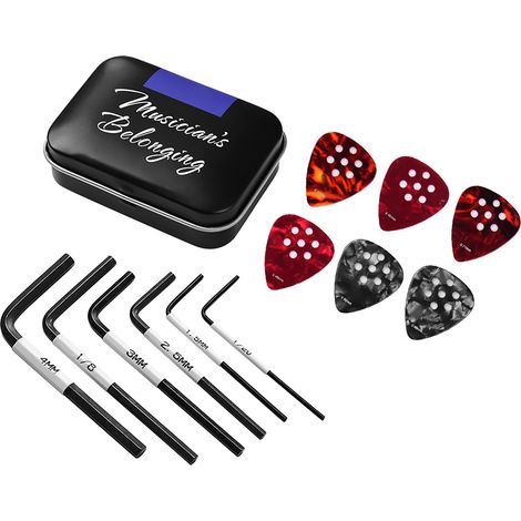 Kit d'outils de guitare pratique comprenant 6 clés Allen (1,5 mm + 2,5 mm + 3 mm + 4 mm + 1/20 pouce + 1/8 pouce) et 6 médiators antidérapants (2 x 0,46 mm + 2 x 0,71 mm + 2 x 0,96 mm) avec boîte de r (1/3)
