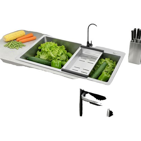 Évier de cuisine à double bac, en acier inoxydable, dimensions 784321cm, 2 bacs, installation sur plan de travail, taille du tuyau de drainage 565cm (1/5)