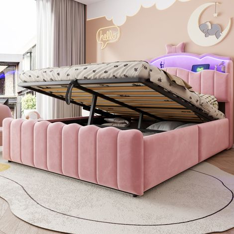 Letto contenitore 140x200 cm multifunzione con contenitore idraulico, LED, USB e USB-C, testiera, velluto - rosa (1/5)