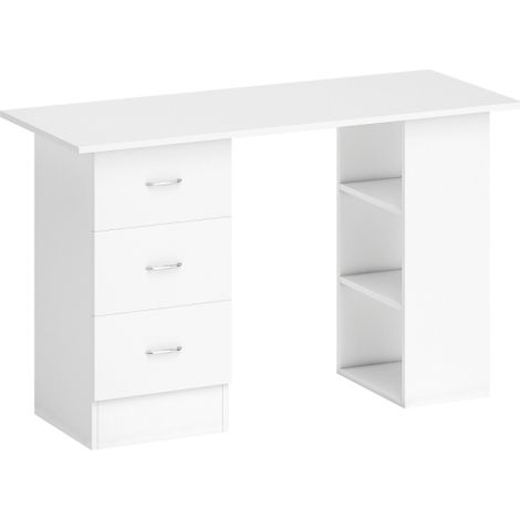 Modern White Computer Desk with 3 Shelves and Drawers for Home Office Workstation,Stylish Writing Table with Silver Handle