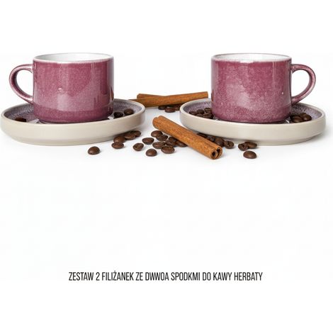 Kaffeetassen-Set mit Untertassen für Kaffee und Tee, 200 ml, Pflaume, Ø 8,5 cm