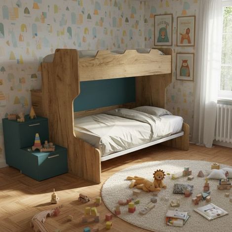 Letto a castello con gradini a cassetti e passerella - Una piazza e mezza e singola - Quercia e basalto