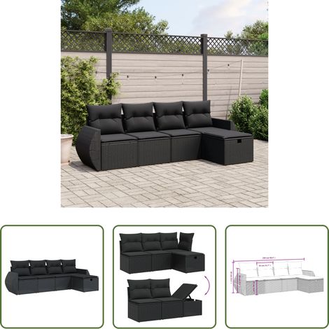 vidaXL Rattanmöbel - 5-tlg. Garten-Sofagarnitur mit Kissen Schwarz Poly Rattan (1/5)