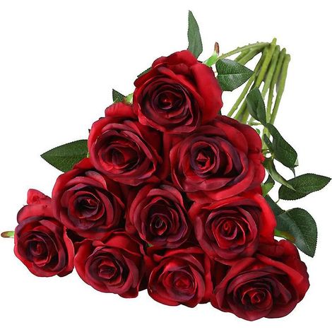 10 Pcs Artificielle Rose Faux Fleur Dcoration, Rose Rouge Fonc Unique Tige Artificielle Rose Bouquet De Soie Pour Mariage Arrangement De Fleurs Ce (1/5)