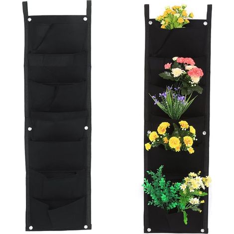 Jardinière murale verticale pour jardin, sac en tissu suspendu, 7 poches, 100 x 30 cm, feutre noir (1/4)