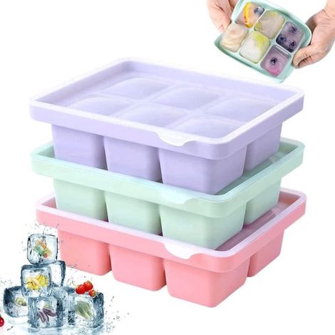 Vassoio per cubetti di ghiaccio in silicone a 3 pezzi con coperchi, lavabile in lavastoviglie, 3 x 6 scomparti per birra, cocktail, whisky, bevande fredde (1/5)