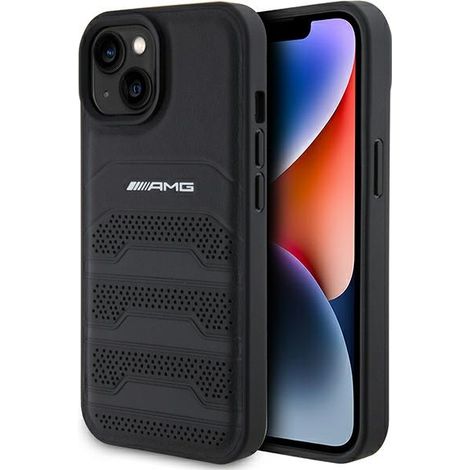 AMG AMHCP15MGSEBK iPhone 15 Plus / 14 Plus 6,7 Zoll schwarze/schwarze Hartschalen-Lederhülle mit geprägten Linien