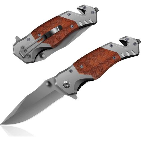 Couteau pliant 3 en 1 avec manche en bois, acier inoxydable, verrouillage de sécurité, clip ceinture