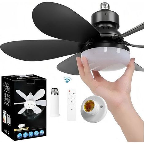 Ventilateur de Plafond avec Éclairage, 40W 52 cm, 6 Pales Noires, Tige d’Extension 95 mm, Base Incluse, Ventilateur Plafond,Noir (1/5)