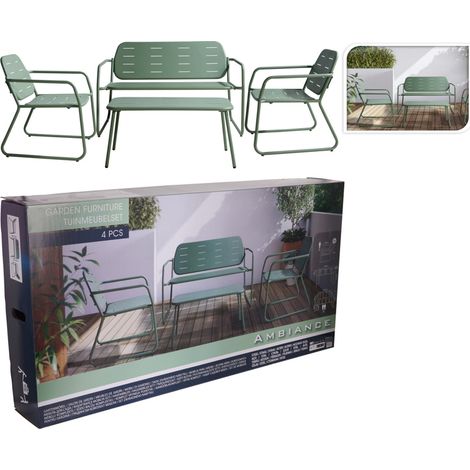 Set Giardino 4 Pezzi con 2 Sedie 1 Panchina e 1 Tavolino Verde Opaco