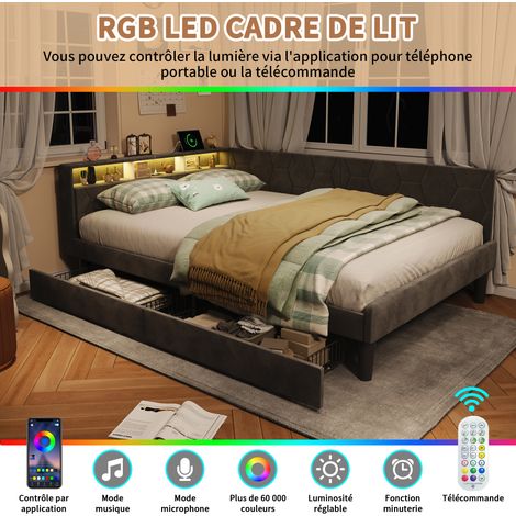 HYTKKBD – Lit Tiroirs 140x200cm avec LED et USB,Lit Double avec Tiroir de Rangement,Tête de Lit Multifonctionnel avec Dossier Moelleux,Canapé-lit 140x200cm,sans Matelas,Velours,Gris