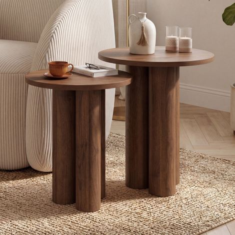 Lote de 2 mesitas auxiliares redondas, mesitas de salón o mesitas de noche ELOISE de 35/40 cm en madera con acabado de nogal