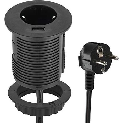 Electraline 62558 Grommet Fast Charge 2.A & passacavi Standard, Ø 60 mm (Presa Schuko da Tavolo), Cavo 2 m, Schwartz, 1 Steckdose + 1 USB A (1/4)