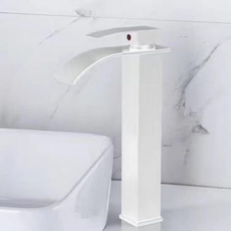 Robinet de salle de bain style cascade – Mitigeur eau chaude/eau froide monotrou – Bec courbé – Haut – Blanc : 17 x 6 x 30,5 cm