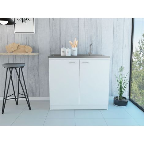Tuhome Concept – Meuble de cuisine Naples avec évier 90 cm L – Dimensions 100 cm L x 52,5 cm P x 90 cm H – Placard avec 2 étagères – Blanc (1/4)