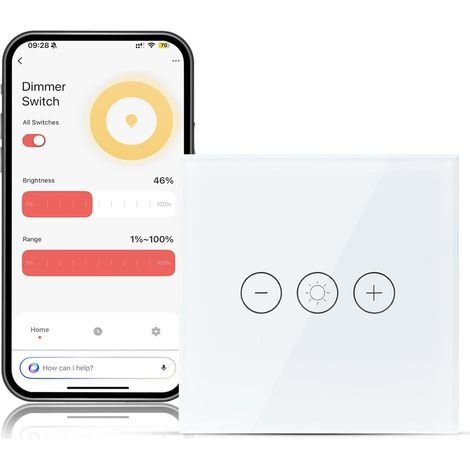 Interrupteur Variateur de Lumière WiFi, 1 Voie Intelligent Interrupteur Gradateur Tactile Compatible avec Smartlife/Tuya APP, et Fonction de Minuterie (Ligne Neutre Requis) (1/5)