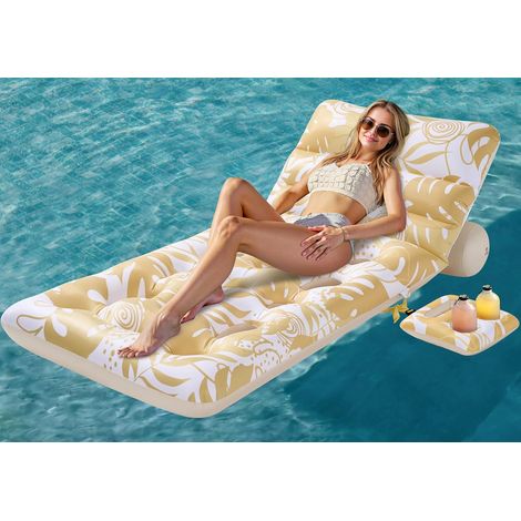 Matelas Gonflable pour Adultes, Transat de Piscine à Motif Feuilles Tropicales avec Dossier Réglable et Porte-Gobelets, Bouée Flottante pour Bronzage, Chaise Flottante pour Piscine, Plage, Lac