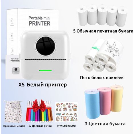 Mini printer, small portable mini pocket label, picture, error correction thermal Bluetooth printer - Russian version X5 white + 5 thermal papers + 5 self-adhesive papers + 3 colored papers + 12 color (1/4)