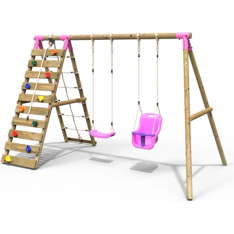 Rebo Wooden Swing Set with Up and Over Climbing Wall - Kai Pink (1/5)