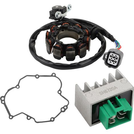 The Kawasaki KLR450R/KLX450R charging system repair kit includes an ignition coil/rectifier/paper base and is compatible with 2008-2009 off-road motorcycles (3-piece set).--DTEKGAZ