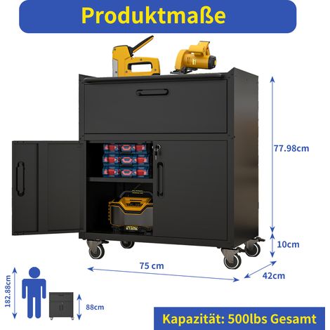 Armoire à outils métal avec roulettes - Noir Gris - 1 tiroir 2 portes verrouillables - H88xL75xP42cm - Acier laminé à froid robuste pour garage (1/5)