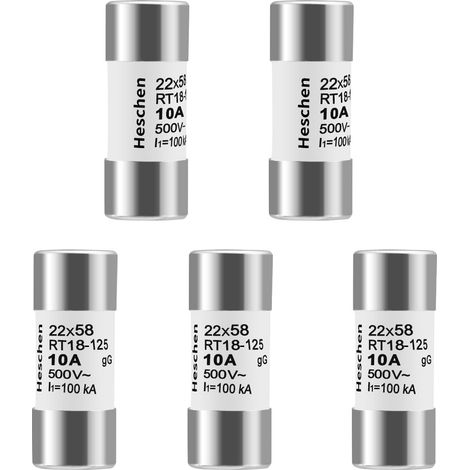 Ceramic Cylindrical Tube Fuse Link, RT18-125(RO17), 22 58mm, 10A 500VAC, Type gG, Pack of 5 (1/5)