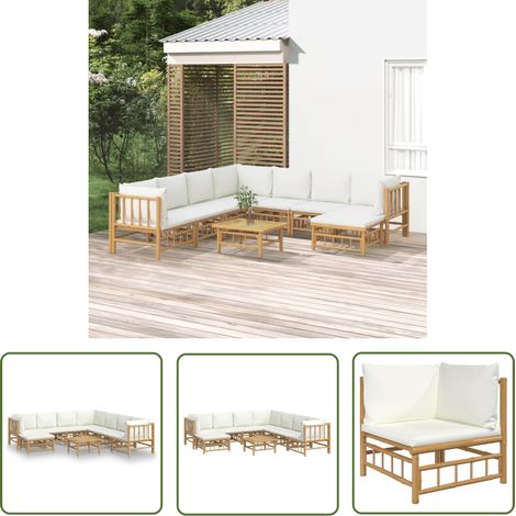 The Living Store 9-tlg. Garten-Lounge-Set mit Cremeweißen Kissen Bambus - Bambus Möbel - Gartenloungeset - Outdoor Möbel - Esstisch - Wohnzimmergarnitur (1/5)