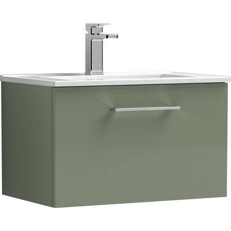 Balterley Contemporary Bathroom 1 Soft Close Drawer & Minimalist Wall Hung Vanity Unit Basin, Satin Green, 600mm